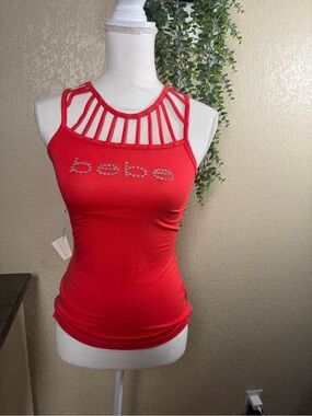 bebe Red Strappy Cutout Rhinestone Logo Tank